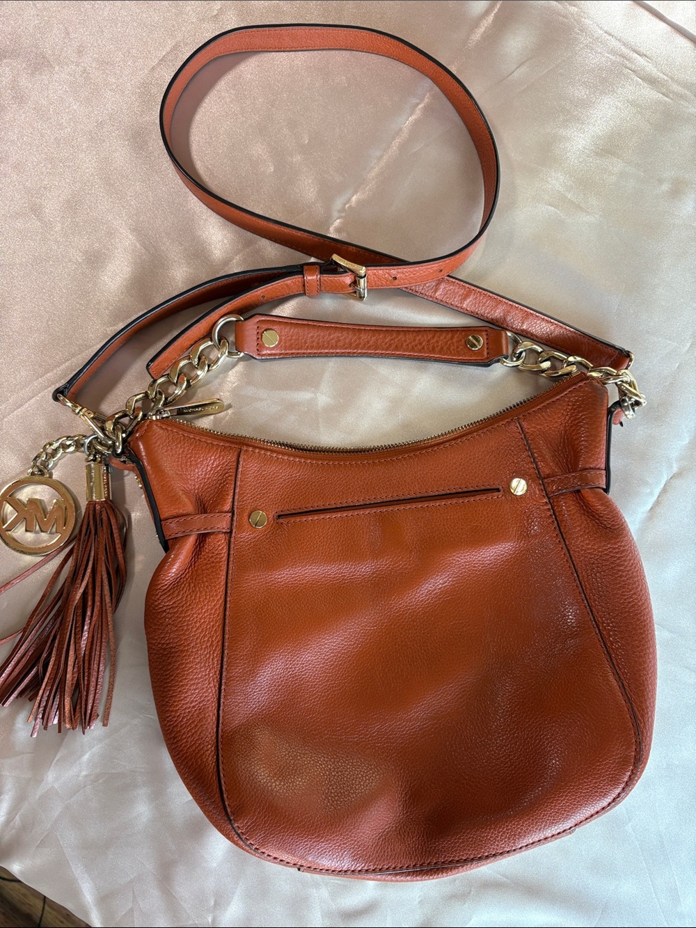 Michael Kors Cognac Leather Shoulder Bag with Tassel Charm